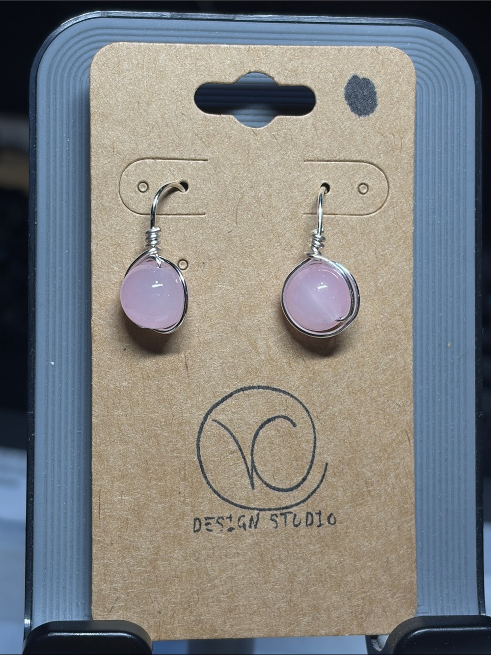 Pink Rose Glass Bead Wire-Wrap Dangle Earrings - Silver